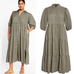 NWT City Chic Charlotte Tiered Olive Green Short Sleeve Maxi Dress Boho Style
